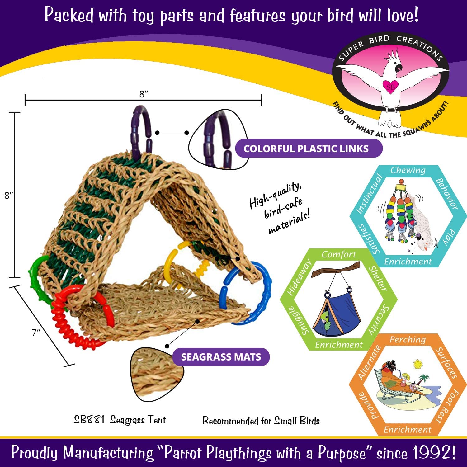 Seagrass Tent, Small/Medium Bird Size, 8” x 7” x 8”